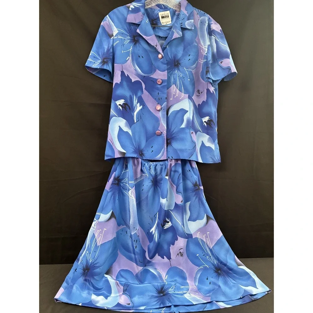 Leslie Fay Vintage Two-Piece Skirt Suit Blue Purple Floral Petite 12P Retro Midi